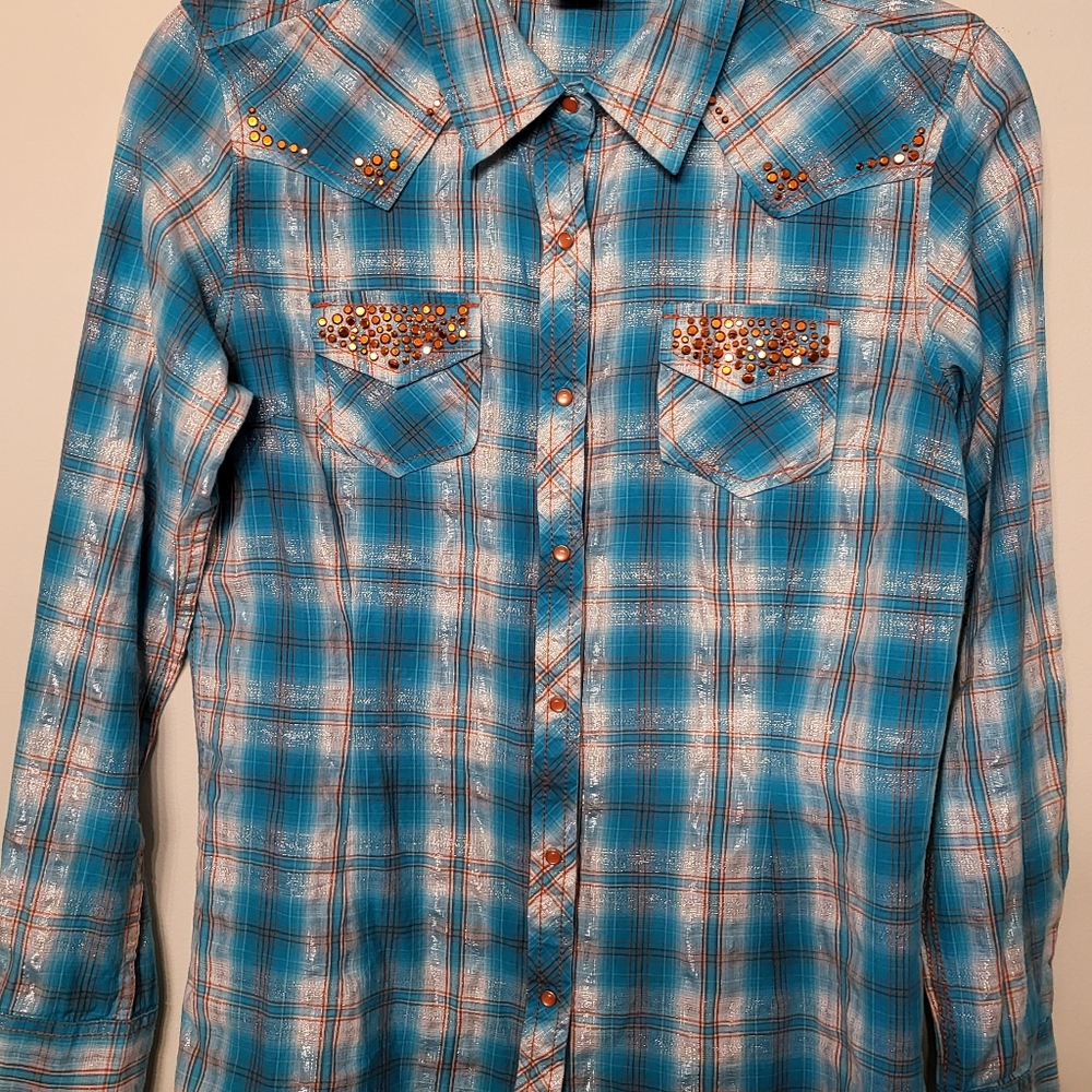 SOLD - Ariat Aqua Blue Plaid Metallic Silver Copper Roll Tab Plaid Snap M